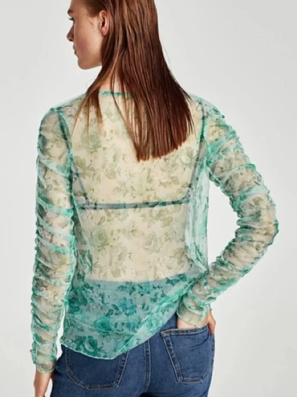 Zara Women M Green Floral Mesh Sheer Y2K Ruched Long Sleeve Blouse NWOT